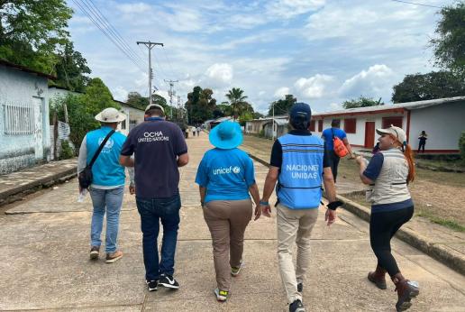 Personal de diferentes agencias de Naciones Unidas caminan en una comunidad dando la espalda a la cámara.